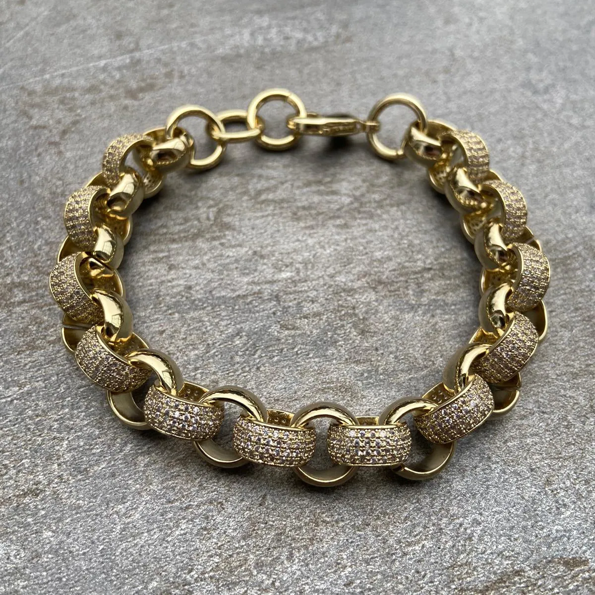 12mm Gold Filled Pattern Belcher Bracelet Stones 8/9 Inch