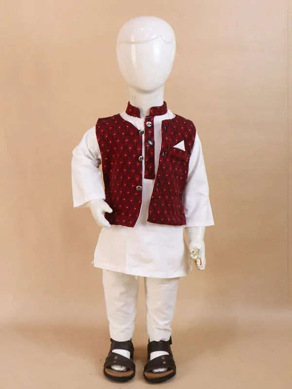 1Yrs - 5Yrs Dark Maroon Waistcoat with White Kurta Pajama Suit For Boys BKS69