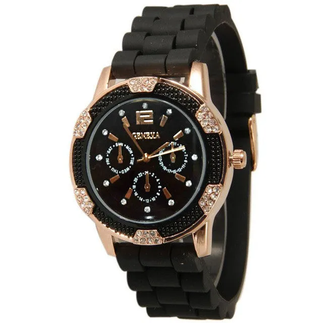 2017 Original More design casual fashion Women's Rose Gold Chronograph Silicone with Crystal Rhinestones Bezel  dress watches