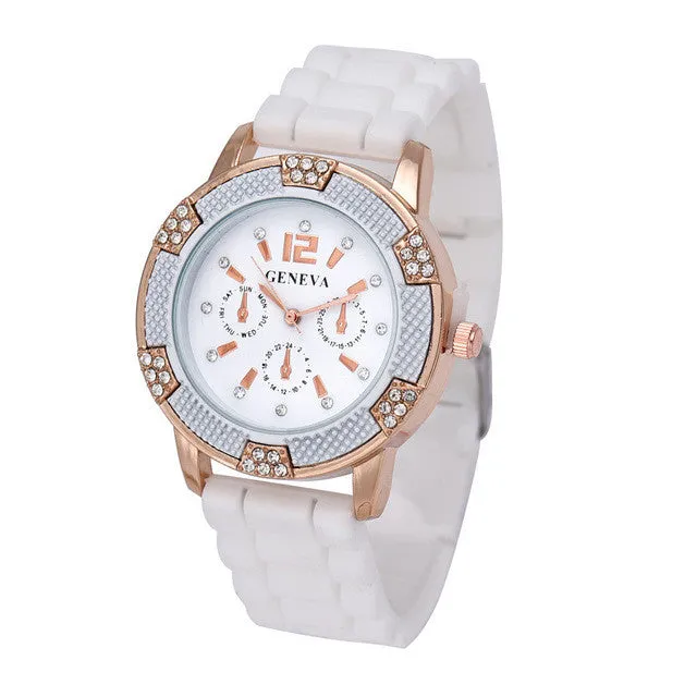 2017 Original More design casual fashion Women's Rose Gold Chronograph Silicone with Crystal Rhinestones Bezel  dress watches