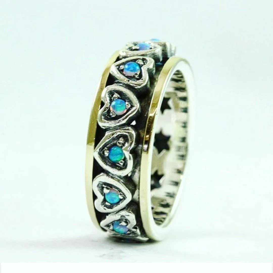 9ct Gold and Silver Revolving Band with Opal Gemstone Hearts