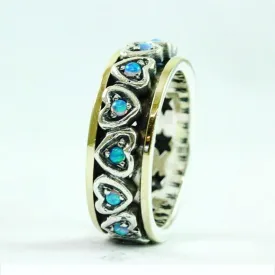 9ct Gold and Silver Revolving Band with Opal Gemstone Hearts