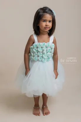 Adorable Green and White Satin Flower Crafted Soft Tulle Birthday Frock for Girls