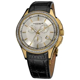 Akribos Xxiv Grandiose Crystal Chronograph Steel Black Leather Strap Men's Watch AK615YG