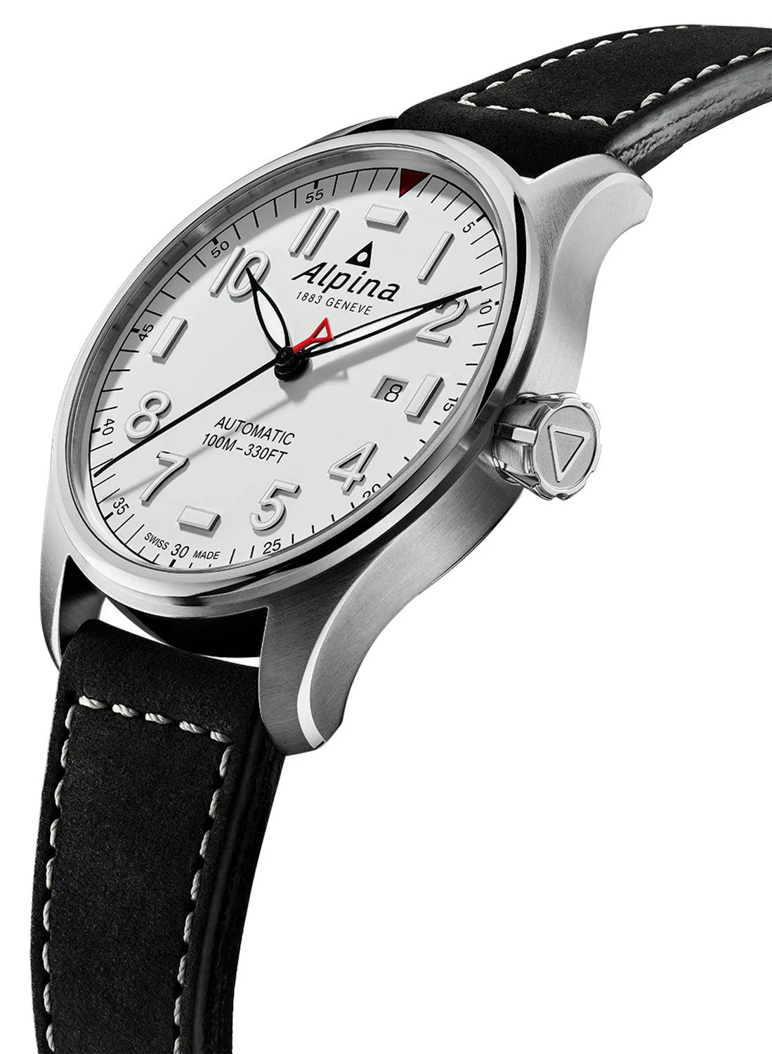 Alpina Startimer Pilot Automatic Stainless Steel Black Leather Strap White Dial Date Mens Watch AL-525S4S6