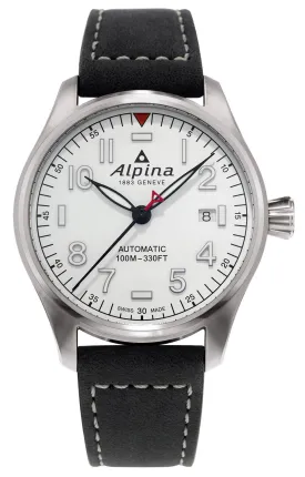 Alpina Startimer Pilot Automatic Stainless Steel Black Leather Strap White Dial Date Mens Watch AL-525S4S6
