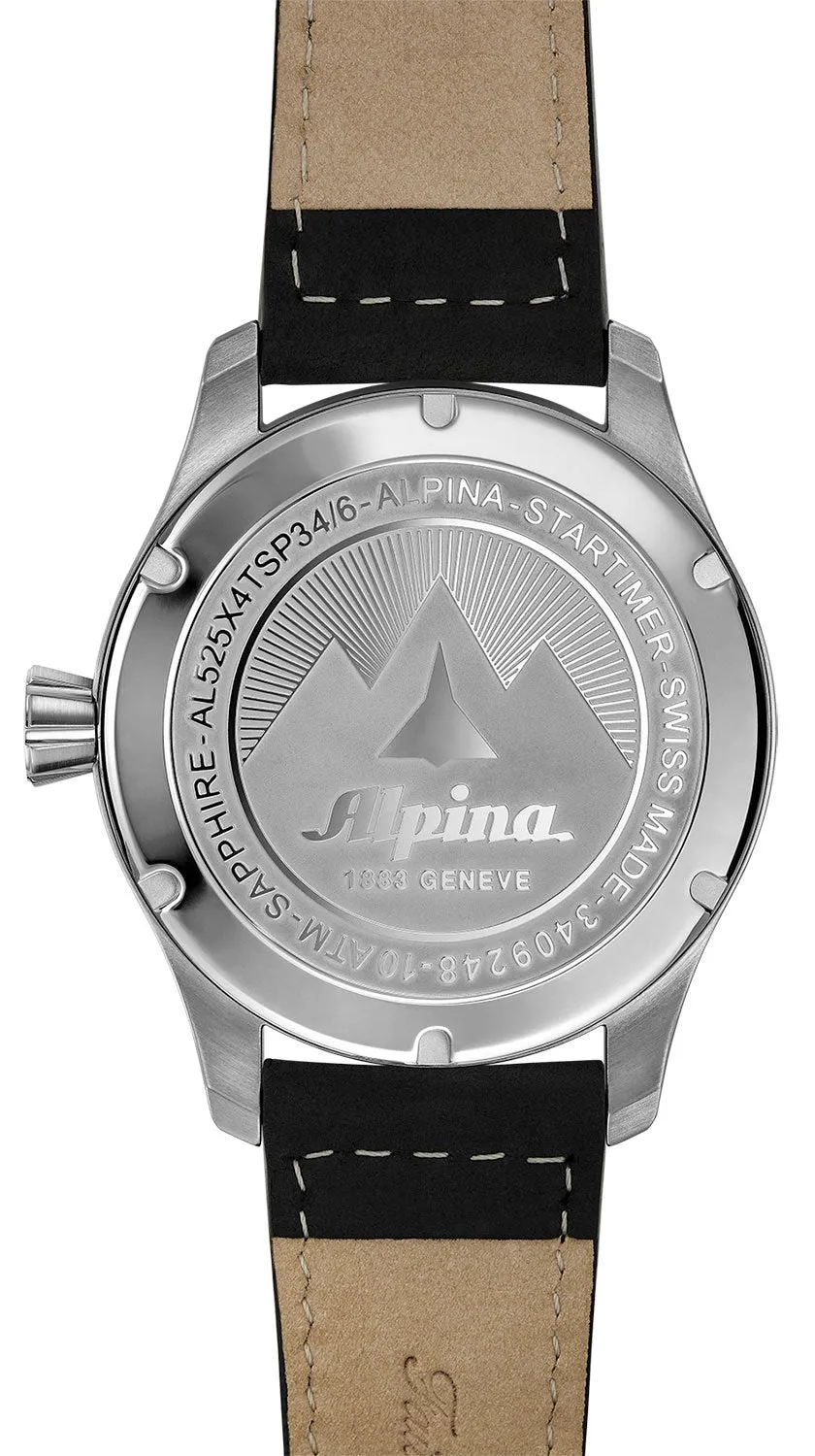 Alpina Startimer Pilot Automatic Stainless Steel Black Leather Strap White Dial Date Mens Watch AL-525S4S6