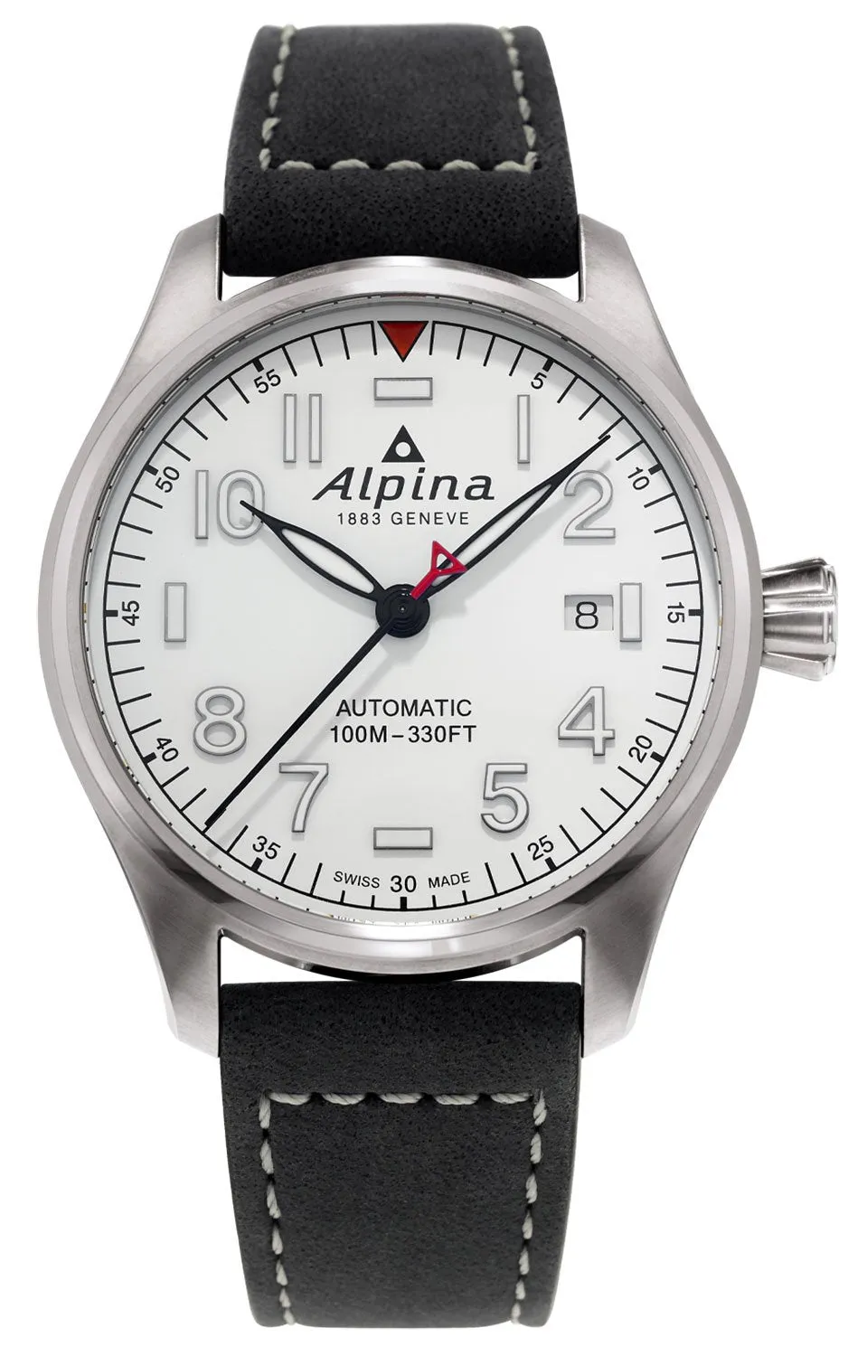 Alpina Startimer Pilot Automatic Stainless Steel Black Leather Strap White Dial Date Mens Watch AL-525S4S6