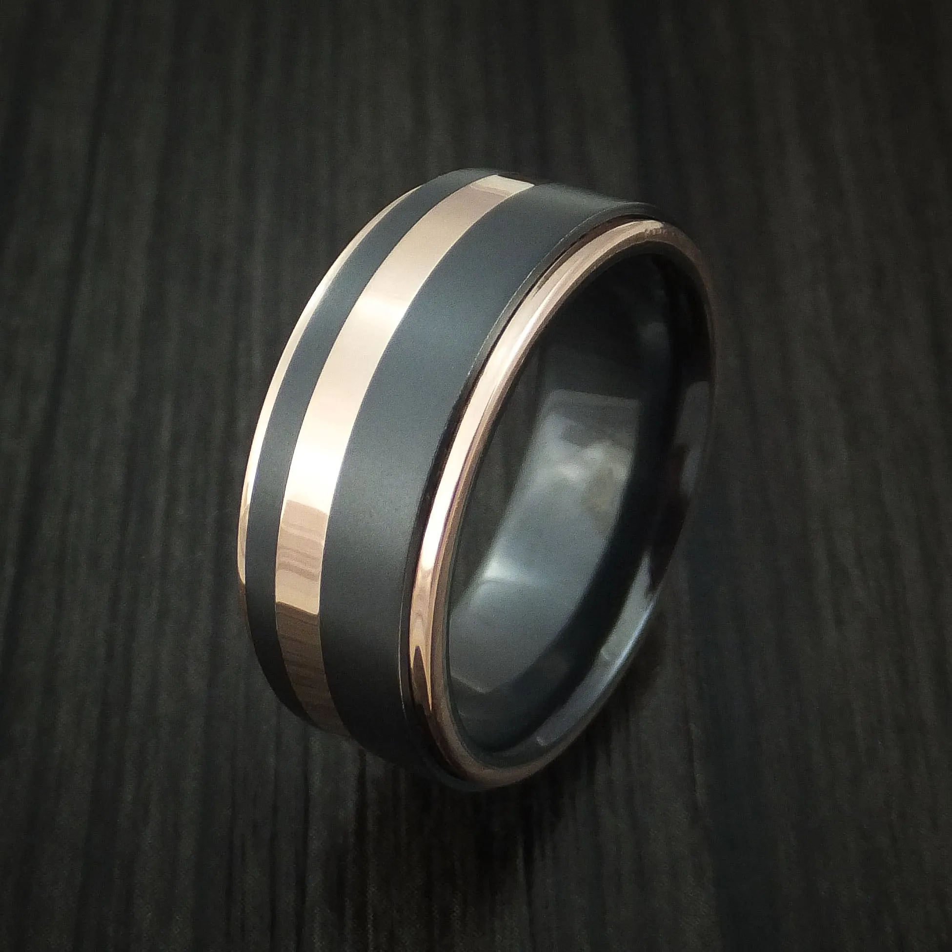 Black Titanium Men's Ring with 14K Rose Gold Edges and Inlay Custom Made Band