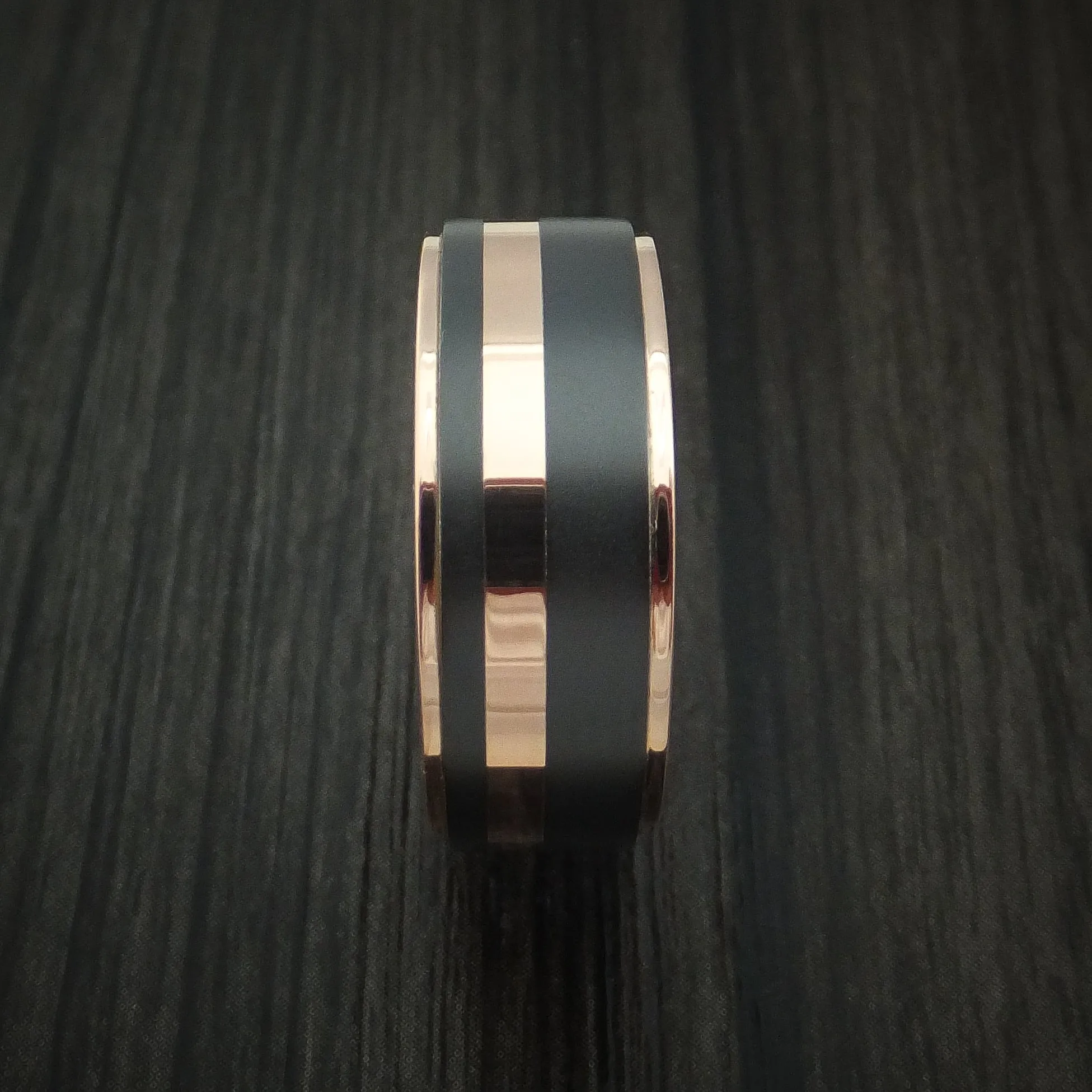 Black Titanium Men's Ring with 14K Rose Gold Edges and Inlay Custom Made Band