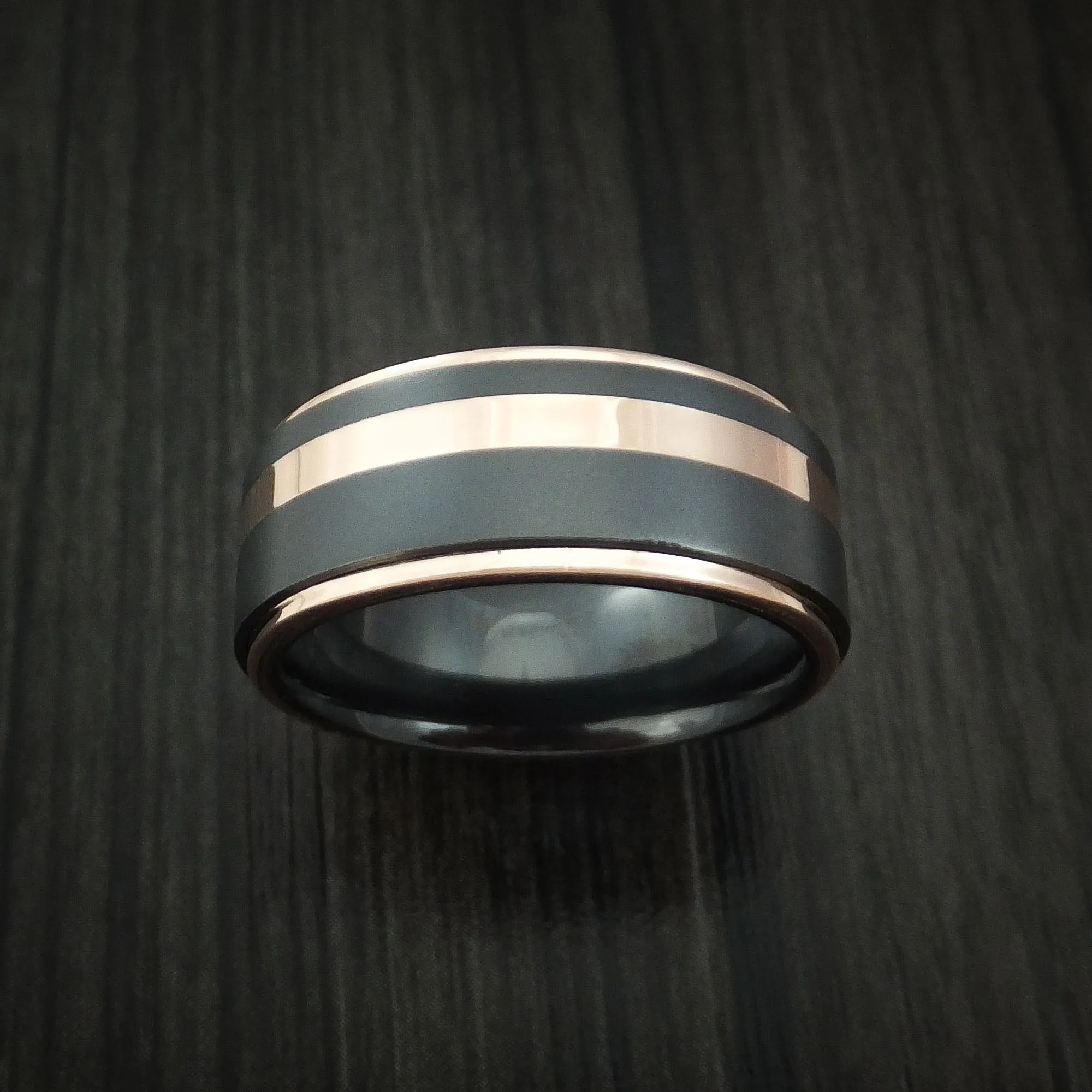 Black Titanium Men's Ring with 14K Rose Gold Edges and Inlay Custom Made Band