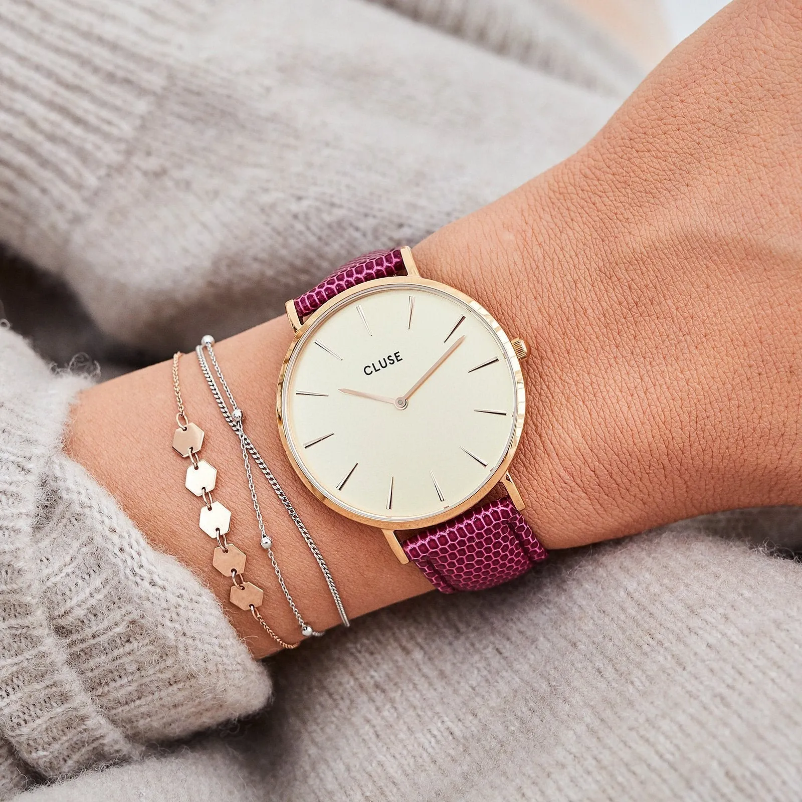 Boho Chic Rose Gold Champagne/Cerise Lizard