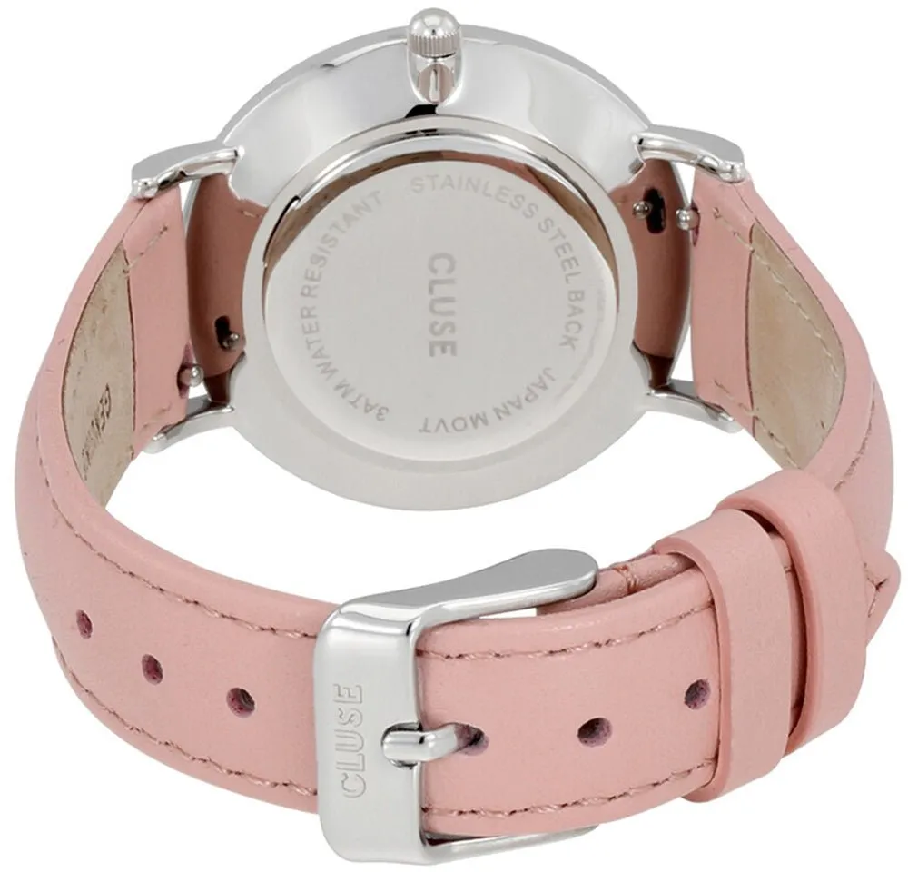 Cluse Minuit Pink Leather Strap White Dial Quartz Womens Watch CL30005