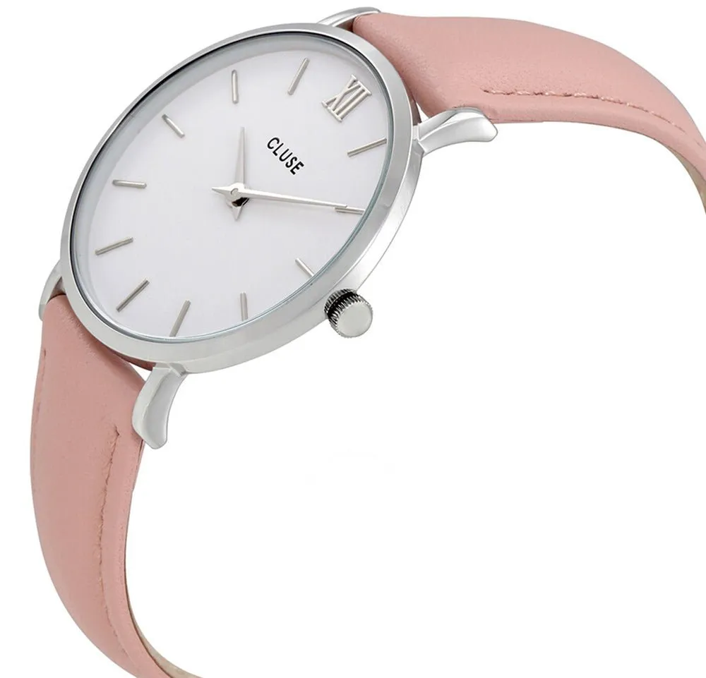 Cluse Minuit Pink Leather Strap White Dial Quartz Womens Watch CL30005