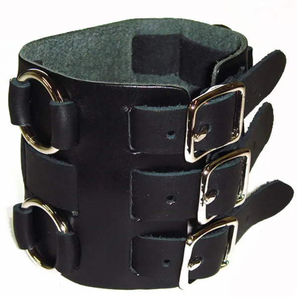 Double Ring Bullet Black Leather Triple Strap Cuff WB