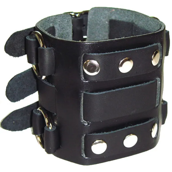 Double Ring Bullet Black Leather Triple Strap Cuff WB