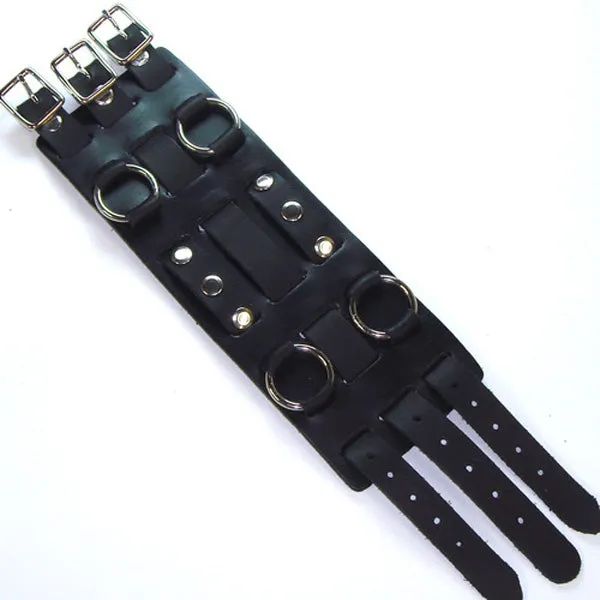 Double Ring Bullet Black Leather Triple Strap Cuff WB