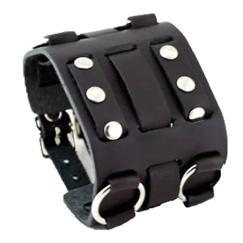 Double Ring Bullet Black Leather Triple Strap Cuff WB