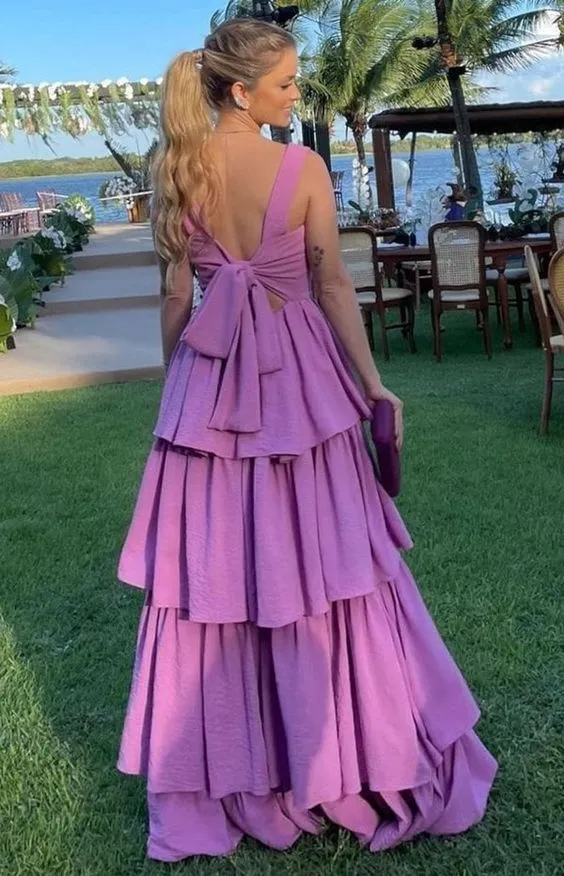 Elegant Purple Square Neck Layered Ruffles Long Prom Dress SH621