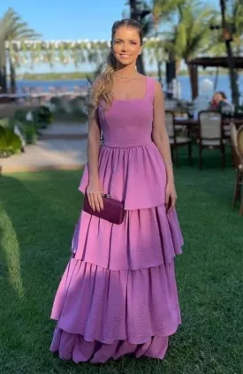 Elegant Purple Square Neck Layered Ruffles Long Prom Dress SH621