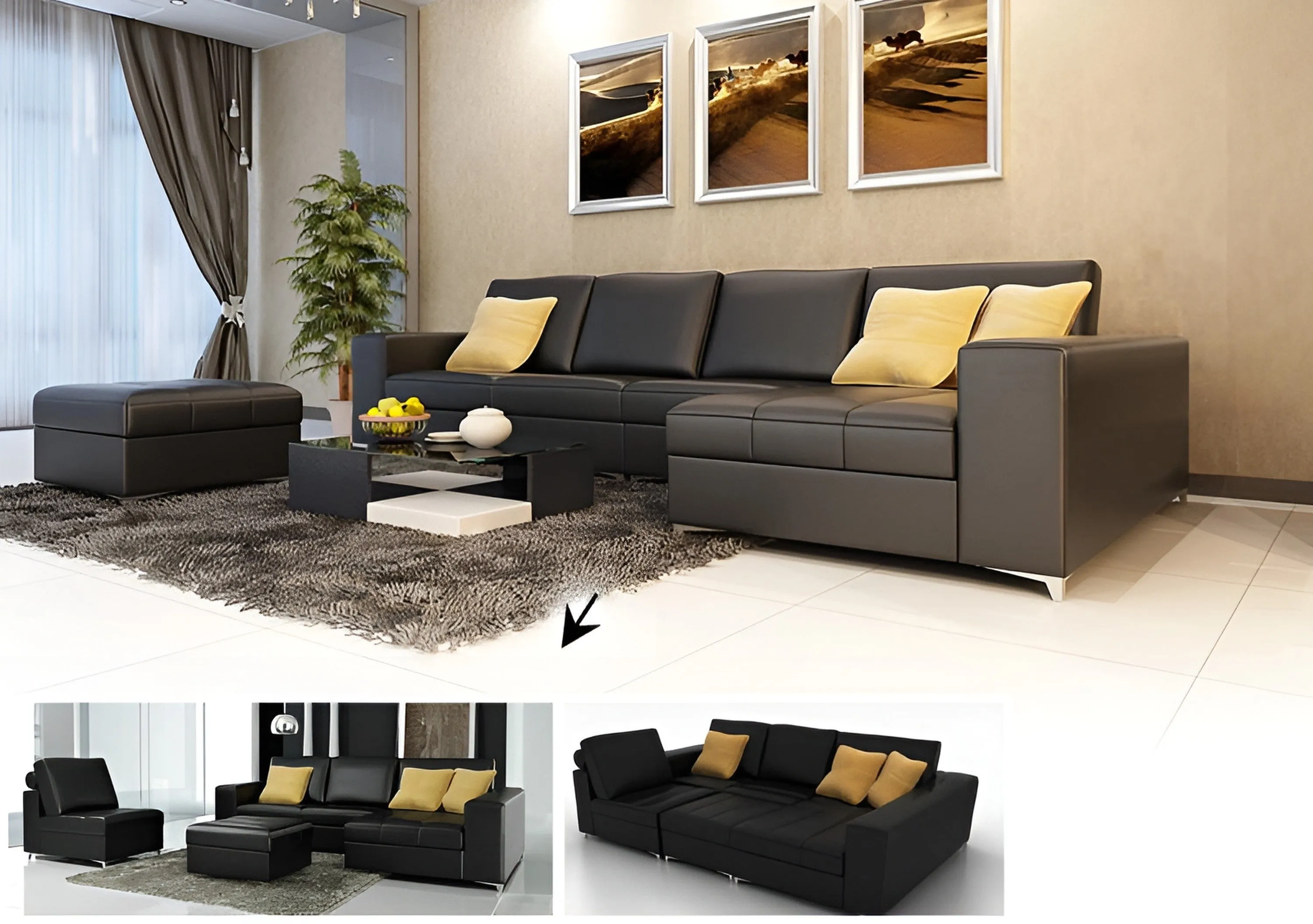 Freya Small Modern Leather Sectional with Ottoman