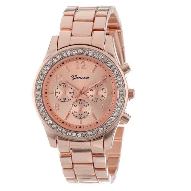 HL2017Faux Chronograph Quartz Plated Classic Round Ladies Women Crystals Watch Gift  Women's Watches relogio feminino masculino
