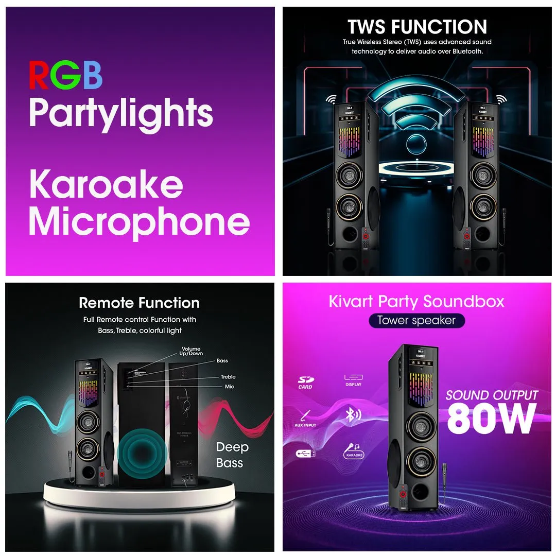 Kivart SoundBox | 80W output | Karaoke Microphone | RGB Lights | TWS Function | Bluetooth 5.0