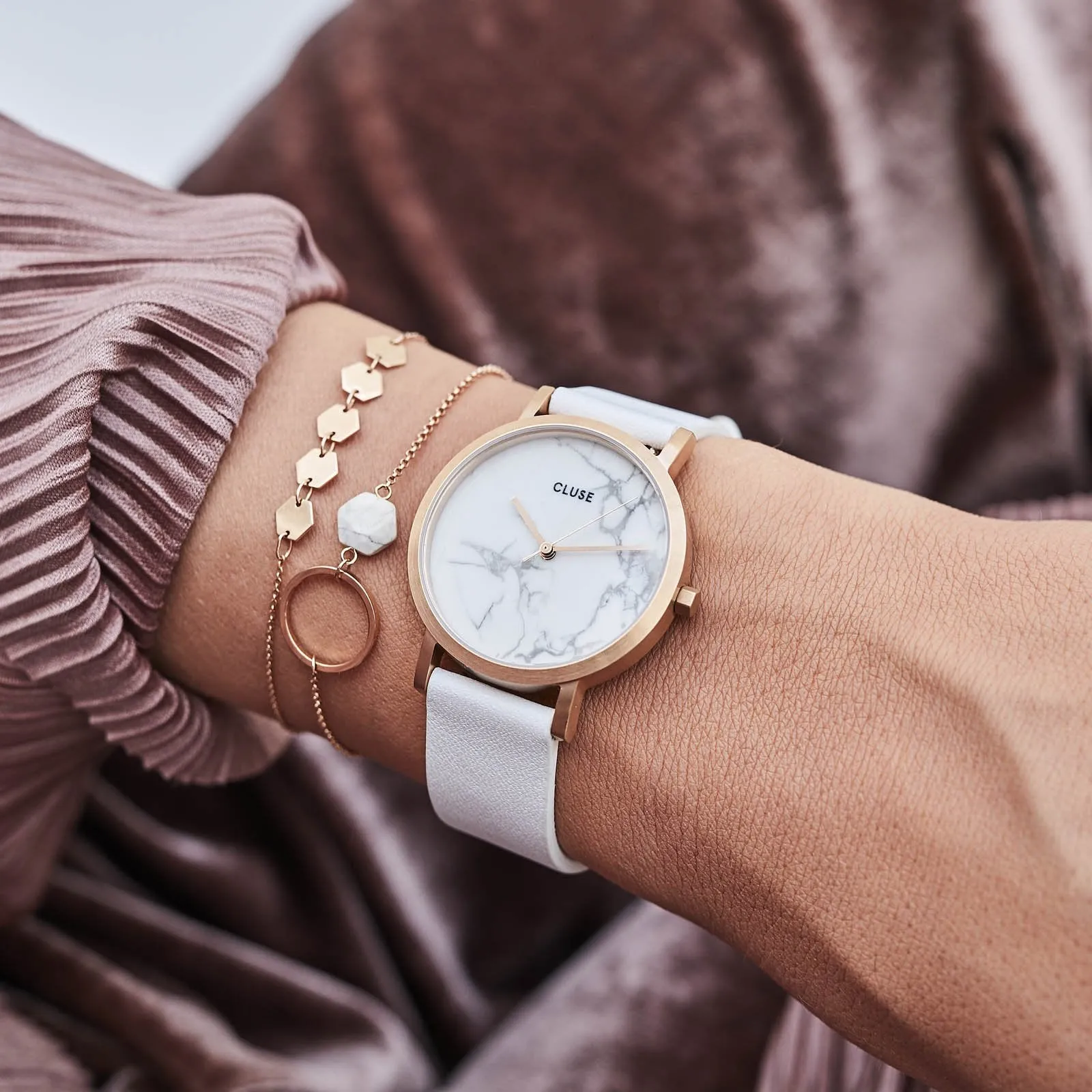La Roche Petite Leather White Marble, Rose Gold Colour