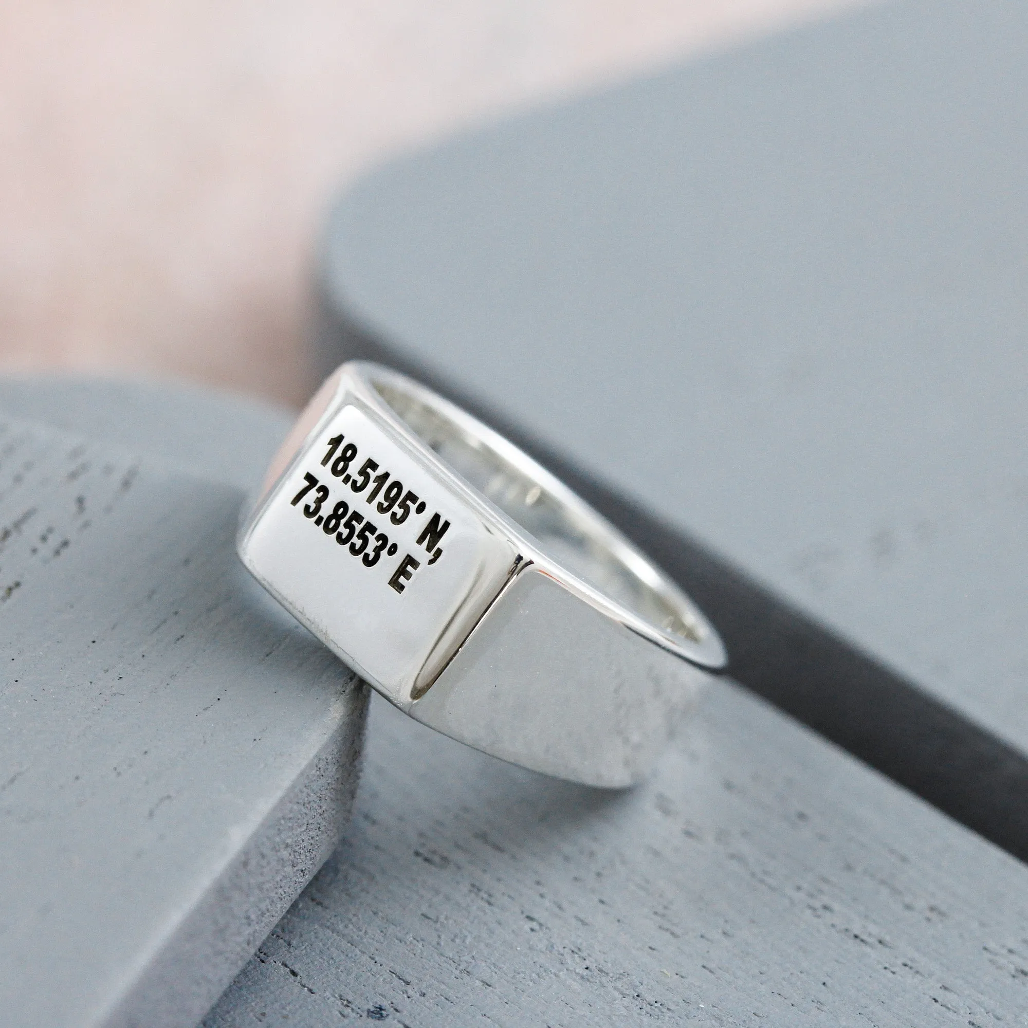 Latitude Longitude Coordinates Silver Signet Ring
