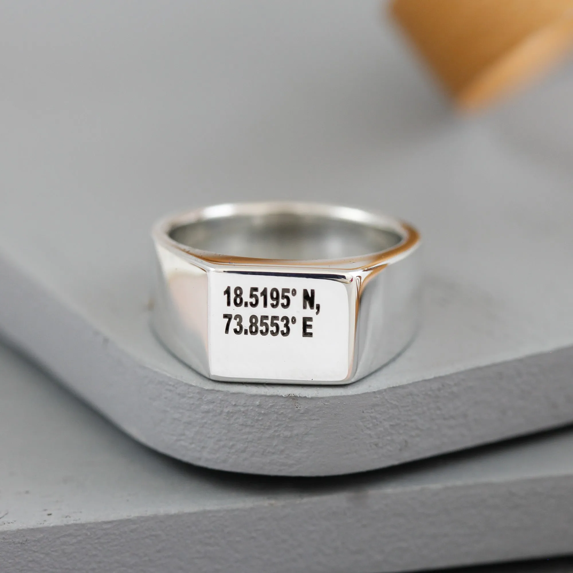 Latitude Longitude Coordinates Silver Signet Ring