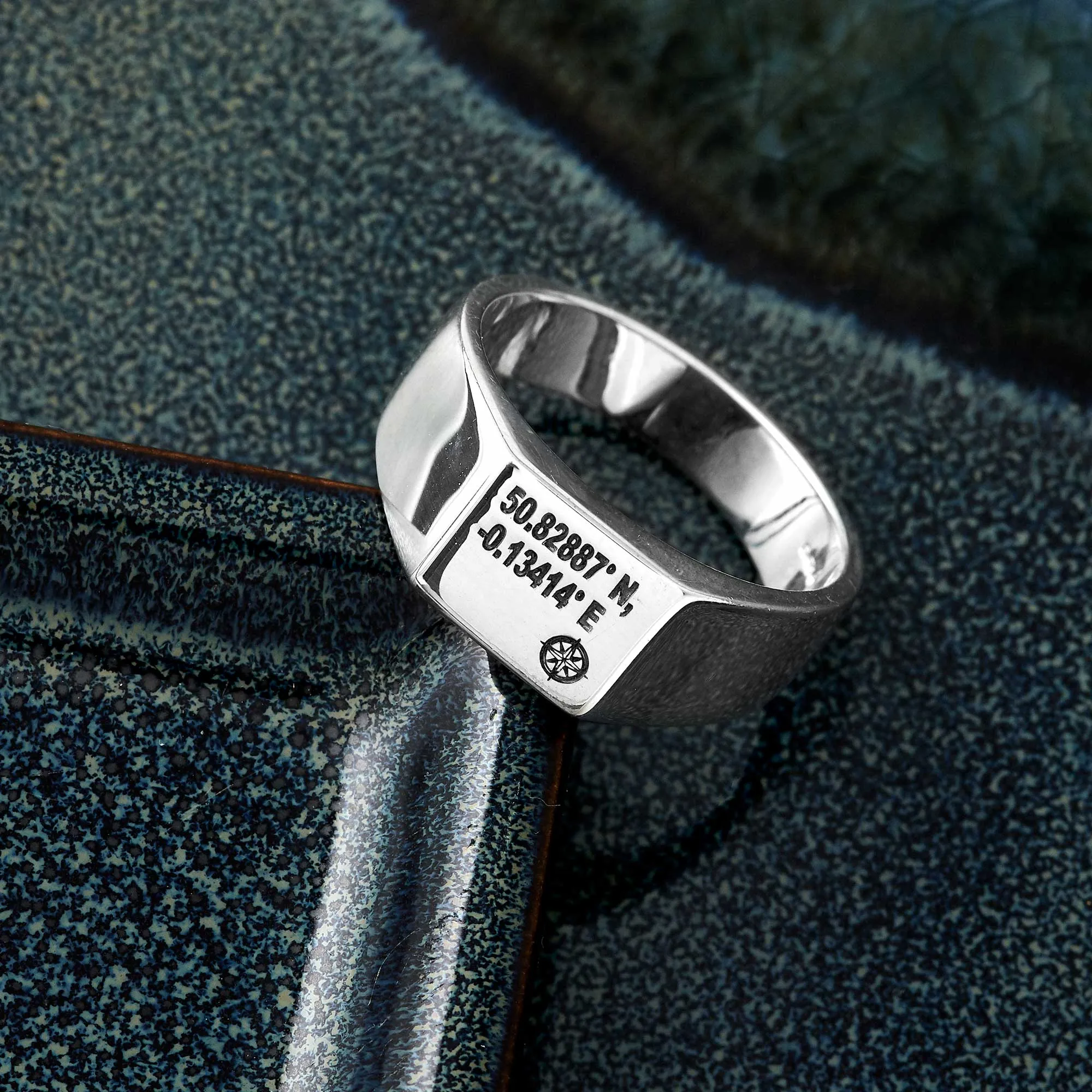 Latitude Longitude Coordinates Silver Signet Ring
