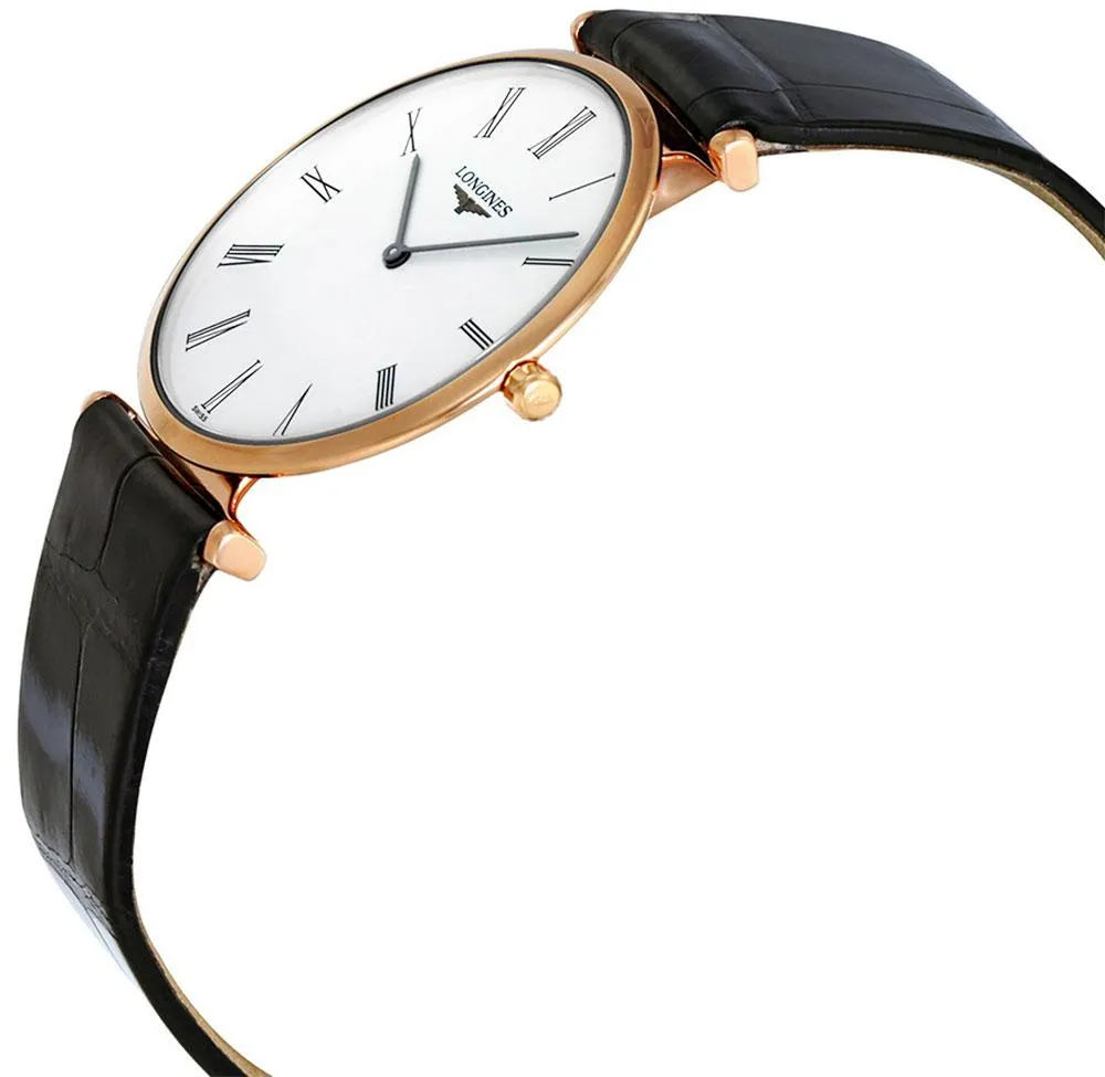 Longines La Grande Classique Rose Gold PVD White Dial Black Leather Strap Quartz Mens Watch L4.709.1.91.2
