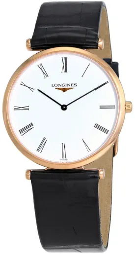 Longines La Grande Classique Rose Gold PVD White Dial Black Leather Strap Quartz Mens Watch L4.709.1.91.2