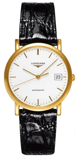 Longines Presence Automatic 18K Yellow Gold White Dial Black Leather Strap Date Unisex Watch L4.778.6.12.0
