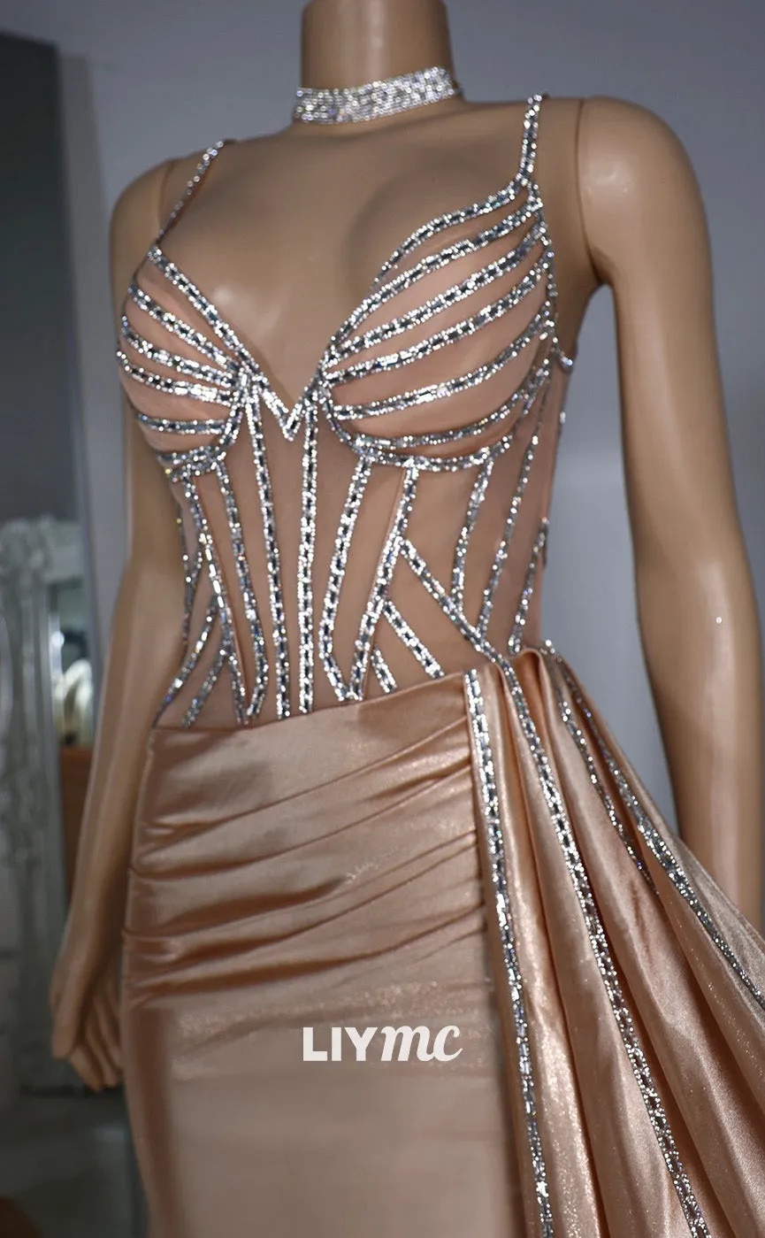 LP2216 - V-Neck Sleeveless Beaded Ruched Mermaid Prom Dress
