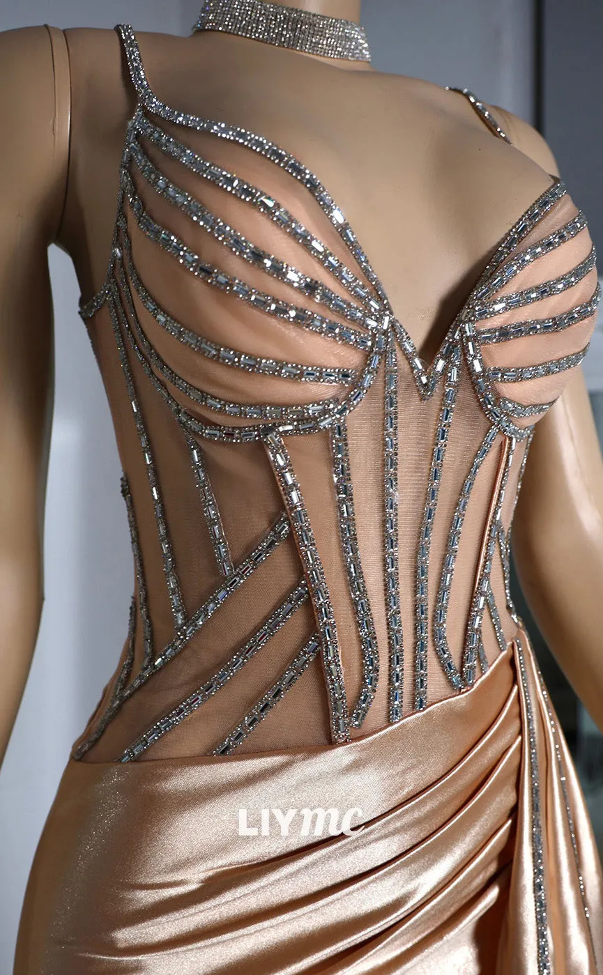 LP2216 - V-Neck Sleeveless Beaded Ruched Mermaid Prom Dress