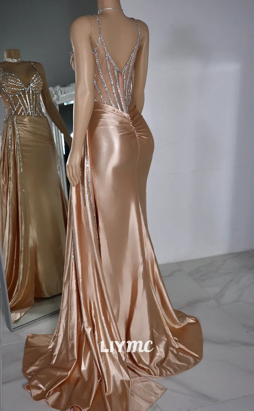 LP2216 - V-Neck Sleeveless Beaded Ruched Mermaid Prom Dress
