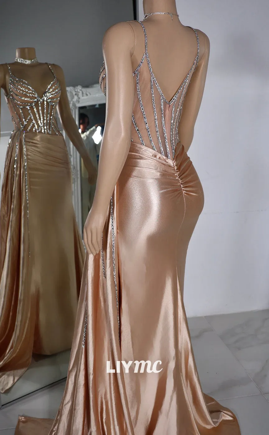 LP2216 - V-Neck Sleeveless Beaded Ruched Mermaid Prom Dress