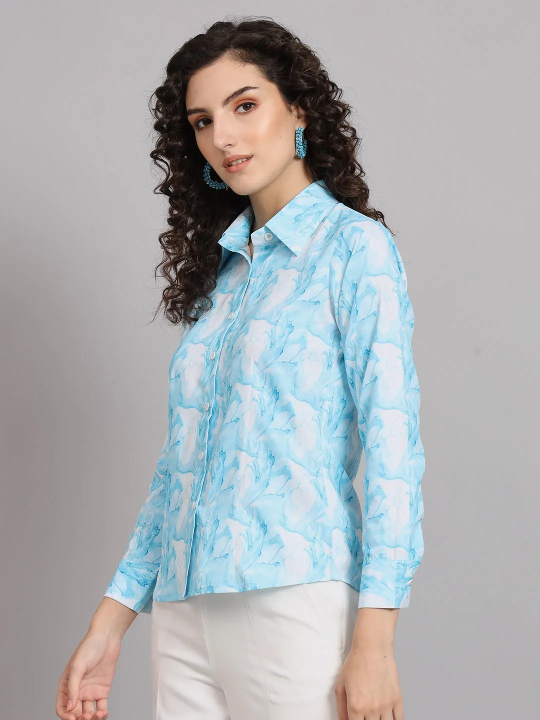 Marble Print Collared Shirt - Blue