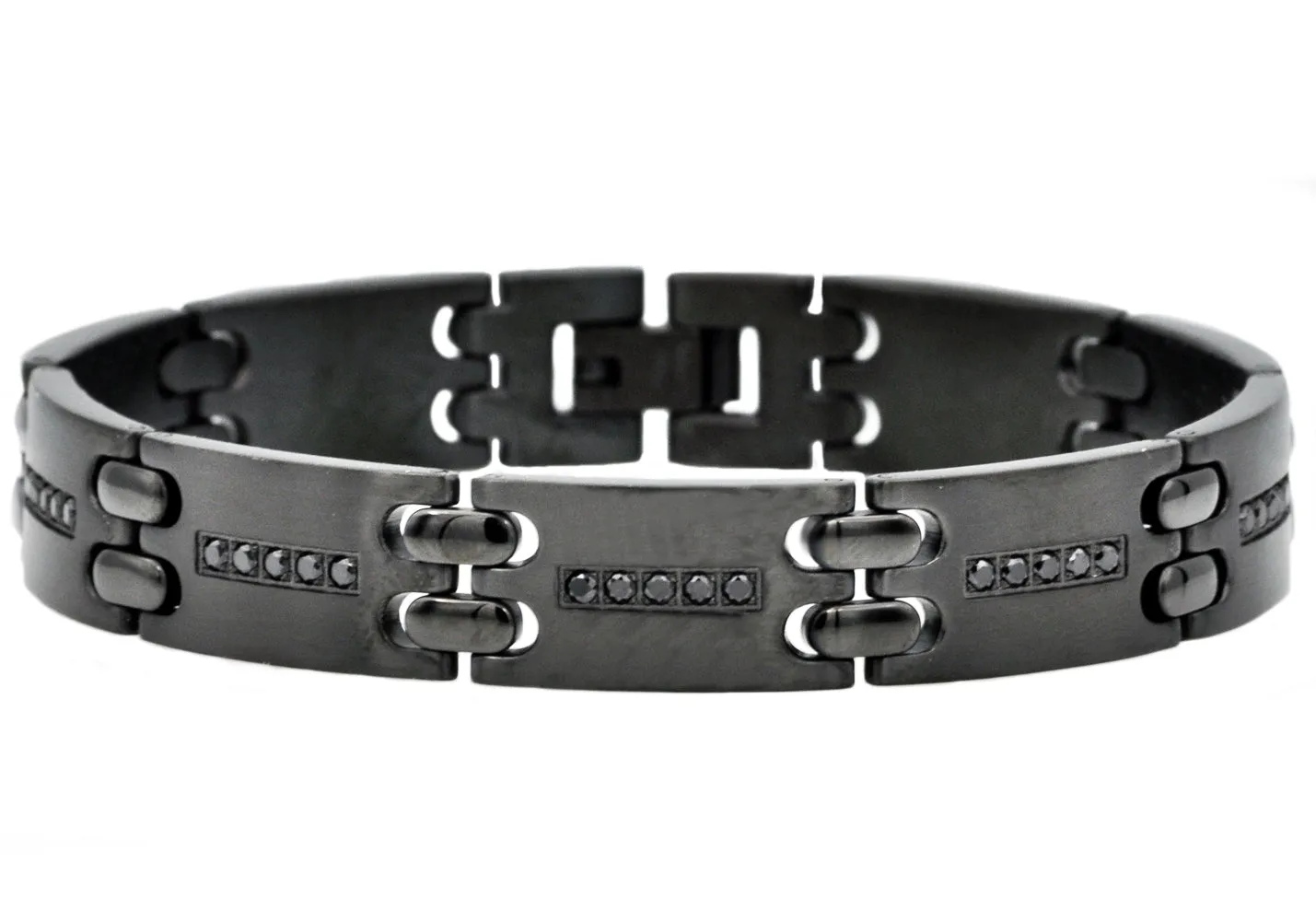 Mens Black Stainless Steel Bracelet With Black Cubic Zirconia