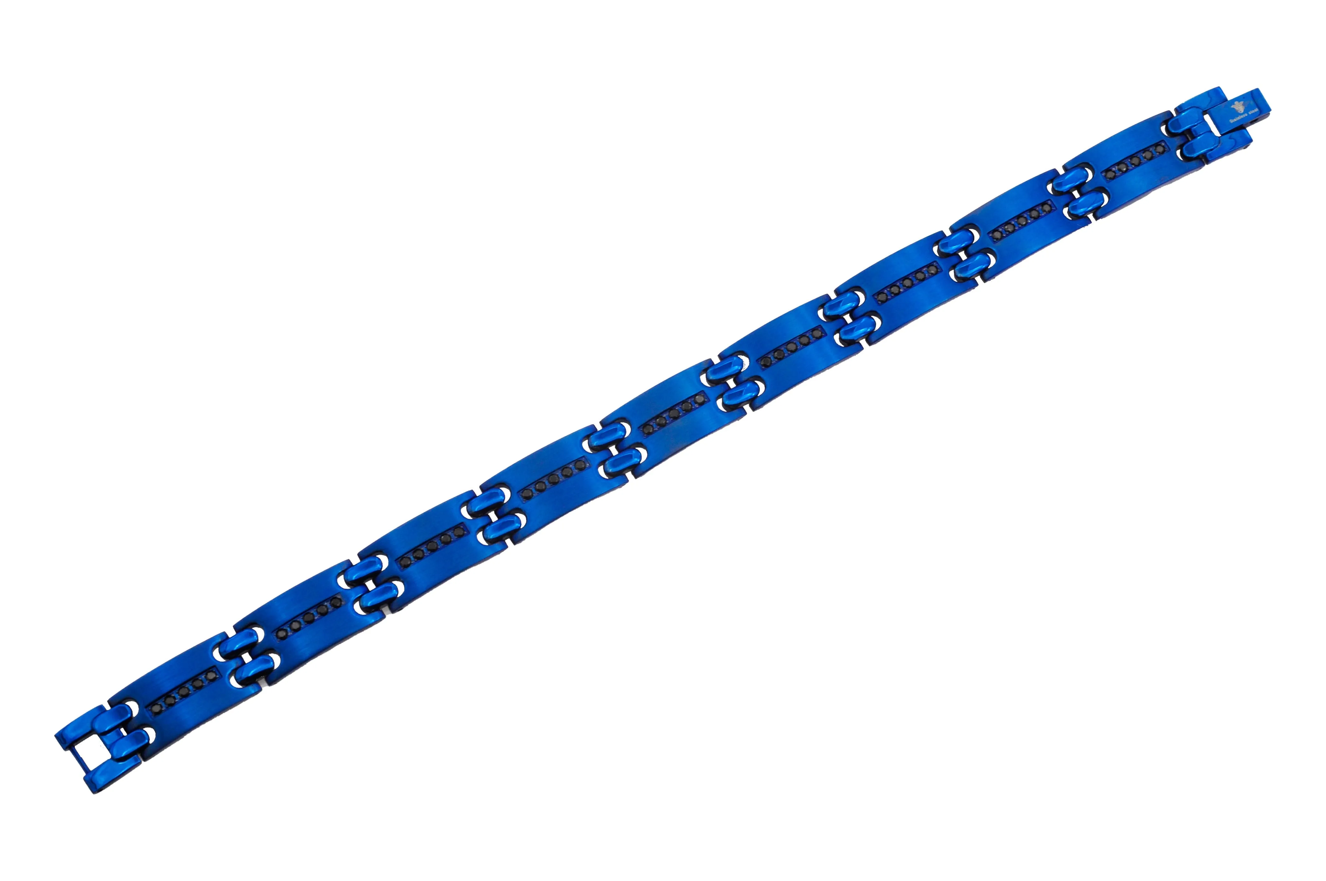 Mens Blue Stainless Steel Bracelet With Black Cubic Zirconia