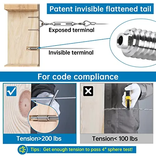 Safespan 40Pack 1/8" Invisible Cable Railing Kit Swage Lag Screw Cable Genie Tensioner T316 Stainless Steel for 4x4 6x6 8x8 Wood Posts Deck Stairs CR73, CV1 CG1