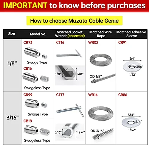Safespan 40Pack 1/8" Invisible Cable Railing Kit Swage Lag Screw Cable Genie Tensioner T316 Stainless Steel for 4x4 6x6 8x8 Wood Posts Deck Stairs CR73, CV1 CG1