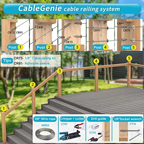 Safespan 40Pack 1/8" Invisible Cable Railing Kit Swage Lag Screw Cable Genie Tensioner T316 Stainless Steel for 4x4 6x6 8x8 Wood Posts Deck Stairs CR73, CV1 CG1