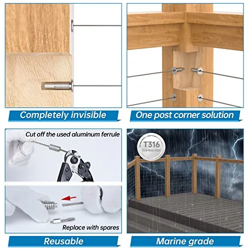 Safespan 40Pack 1/8" Invisible Cable Railing Kit Swage Lag Screw Cable Genie Tensioner T316 Stainless Steel for 4x4 6x6 8x8 Wood Posts Deck Stairs CR73, CV1 CG1