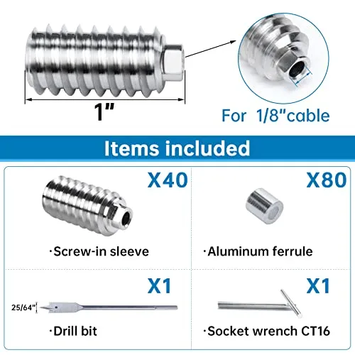 Safespan 40Pack 1/8" Invisible Cable Railing Kit Swage Lag Screw Cable Genie Tensioner T316 Stainless Steel for 4x4 6x6 8x8 Wood Posts Deck Stairs CR73, CV1 CG1