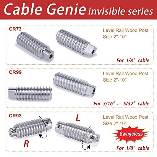 Safespan 40Pack 1/8" Invisible Cable Railing Kit Swage Lag Screw Cable Genie Tensioner T316 Stainless Steel for 4x4 6x6 8x8 Wood Posts Deck Stairs CR73, CV1 CG1
