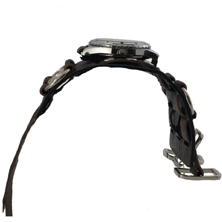 Skull Black Watch with Bullet Ring Distressed Brown Leather Ring Triple Strap Cuff