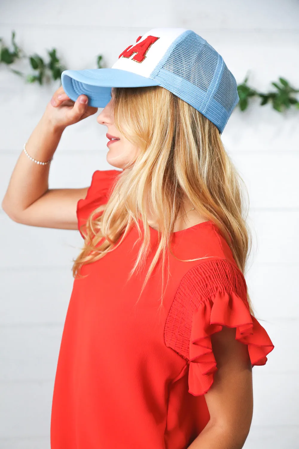Sky Blue USA Snap Back Mesh Trucker Cap
