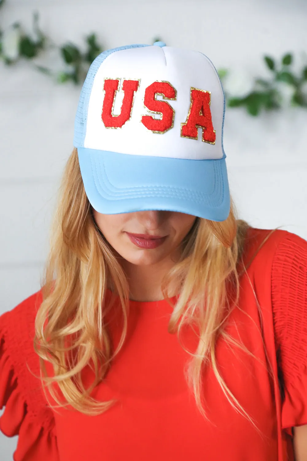 Sky Blue USA Snap Back Mesh Trucker Cap